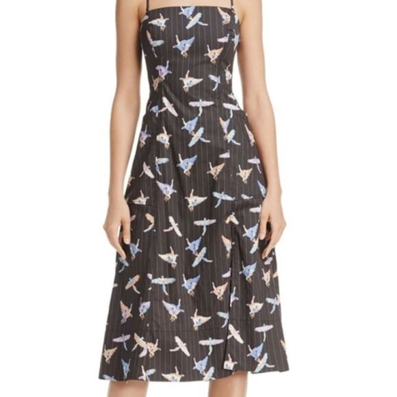 Free People Strapless Midi Dress 100% Cotton Bird Print Pockets Size 4 - Picture 1 of 8